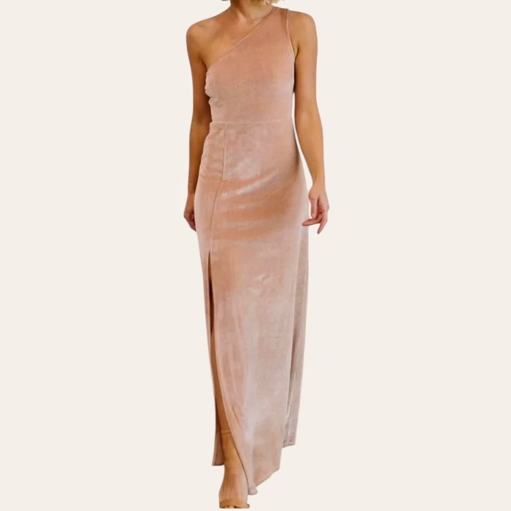NWT Baltic Born Tatiana Velvet One Shoulder Maxi Dress Champagne Size Large - Picture 3 of 11